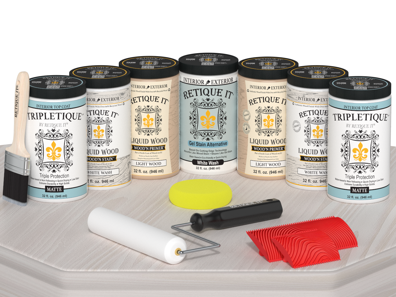 Retique It® Wood'n Cabinet Kit in White Wash stain with 24 grained cabinet doors, matte finish, shown on a table.