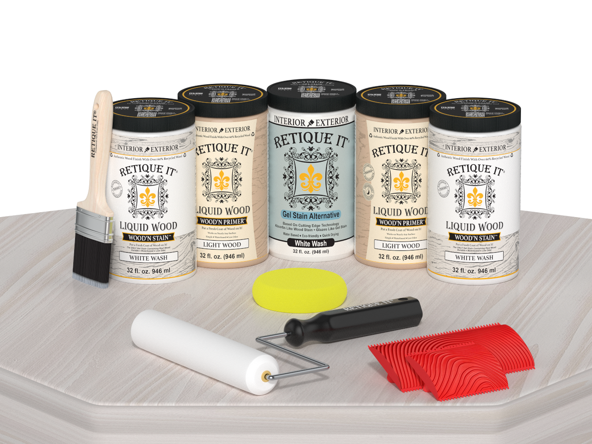 Retique It® White Wash Kit with Liquid Wood®, White Wash Gel Stain Alternative, yellow sponge, red graining tool, roller, and brush.