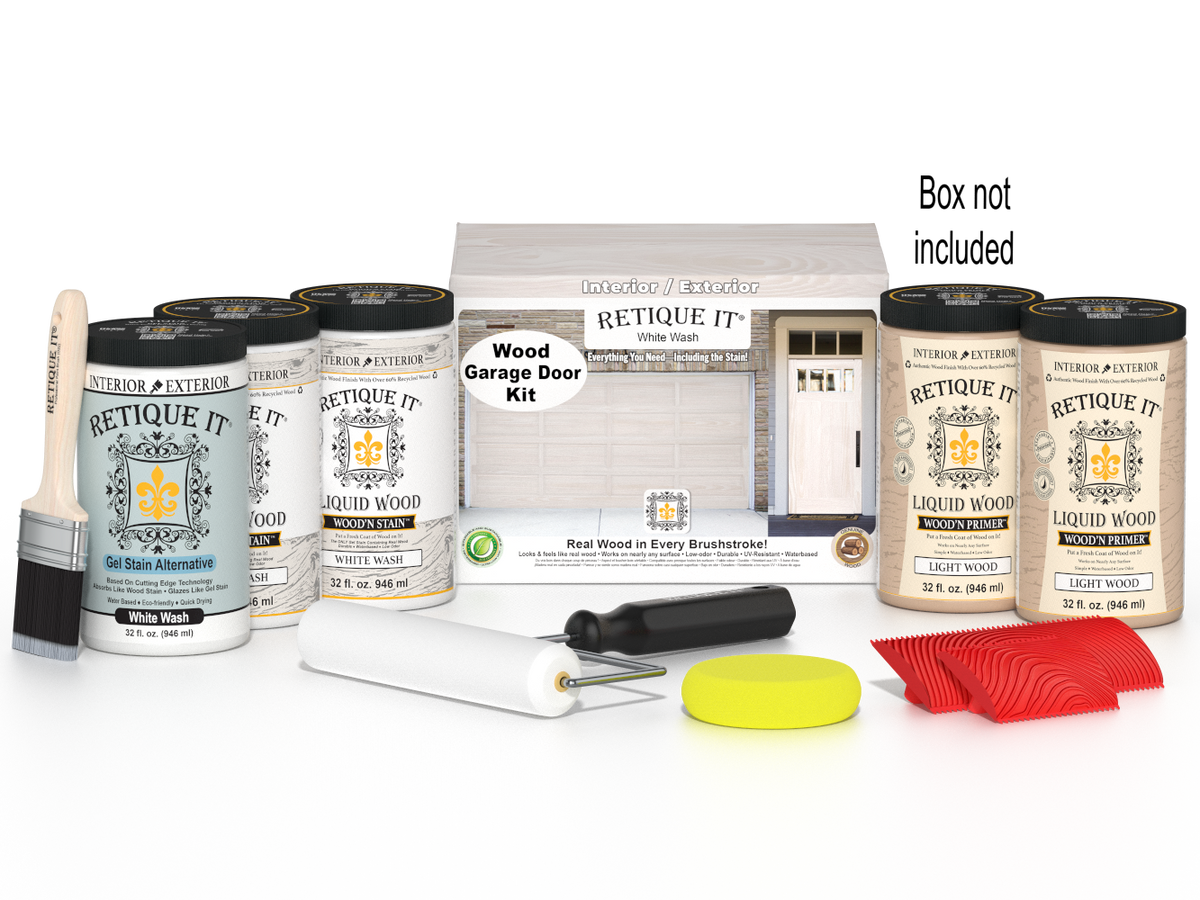 Retique It® White Wash Wood Garage Door Kit with Liquid Wood®, White Wash Gel Stain Alternative, yellow sponge, red graining tool, roller, brush, and kit box.