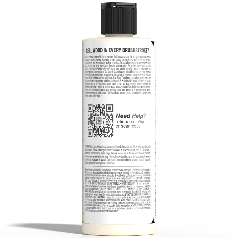 Back view of Retique It® Liquid Wood Wood'n Primer in Bleached Wood, 8 fl oz, showing the primer's application on a wood surface
