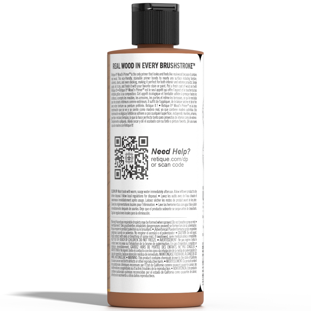 Retique It® Liquid Wood Wood'n Primer in dark wood finish, 8 fl oz, shown on a surface ready for staining or finishing.