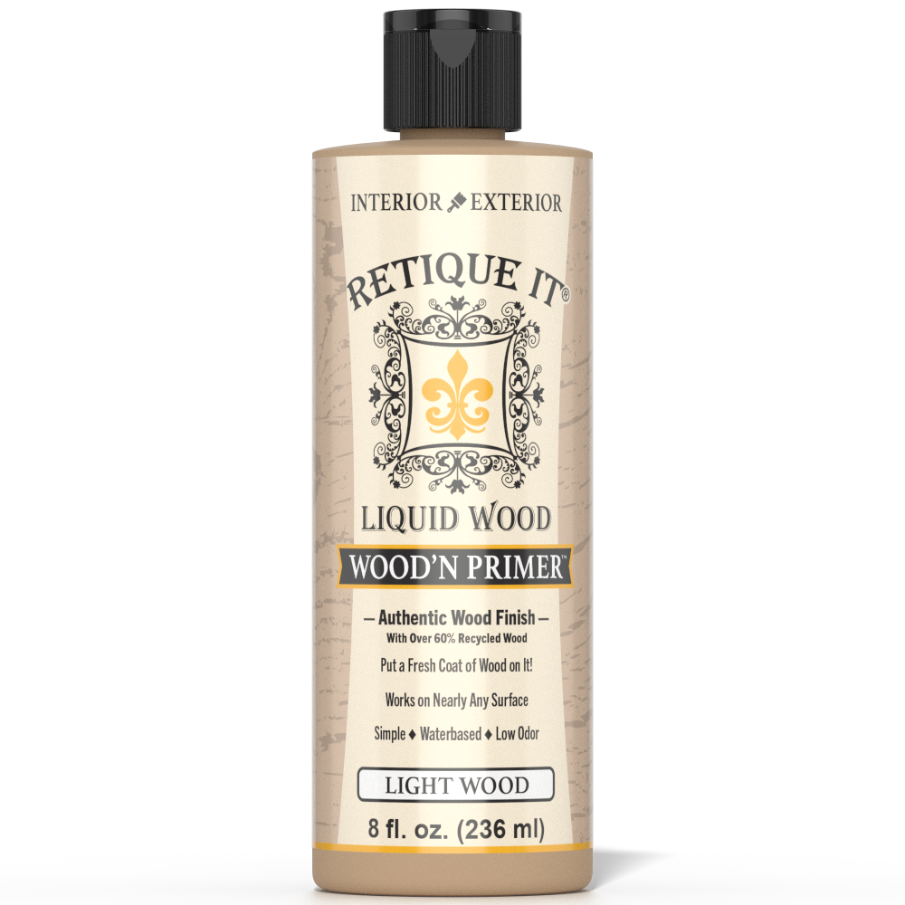 Retique It® Liquid Wood Wood'n Primer in Light Wood, 8 fl oz, showing the primer bottle with light wood finish on the label.