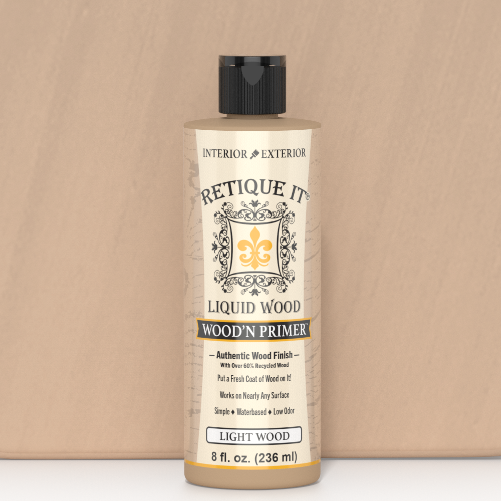 Swatch of Retique It Liquid Wood Wood'n Primer in Light Wood, 8 fl oz, showing the light wood color for surface preparation.