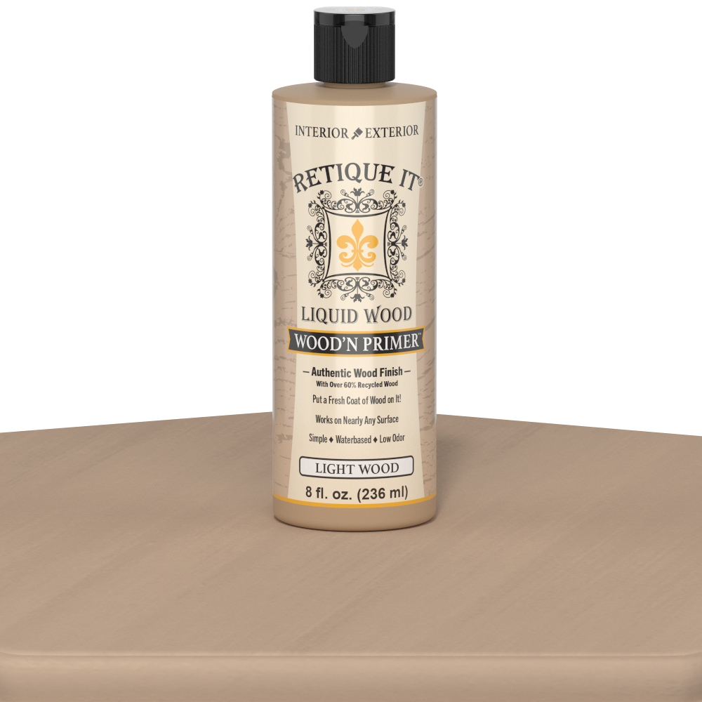 Liquid Wood Wood'n Primer by Retique It in light wood color, 8 oz bottle, used as a primer for wood surfaces.