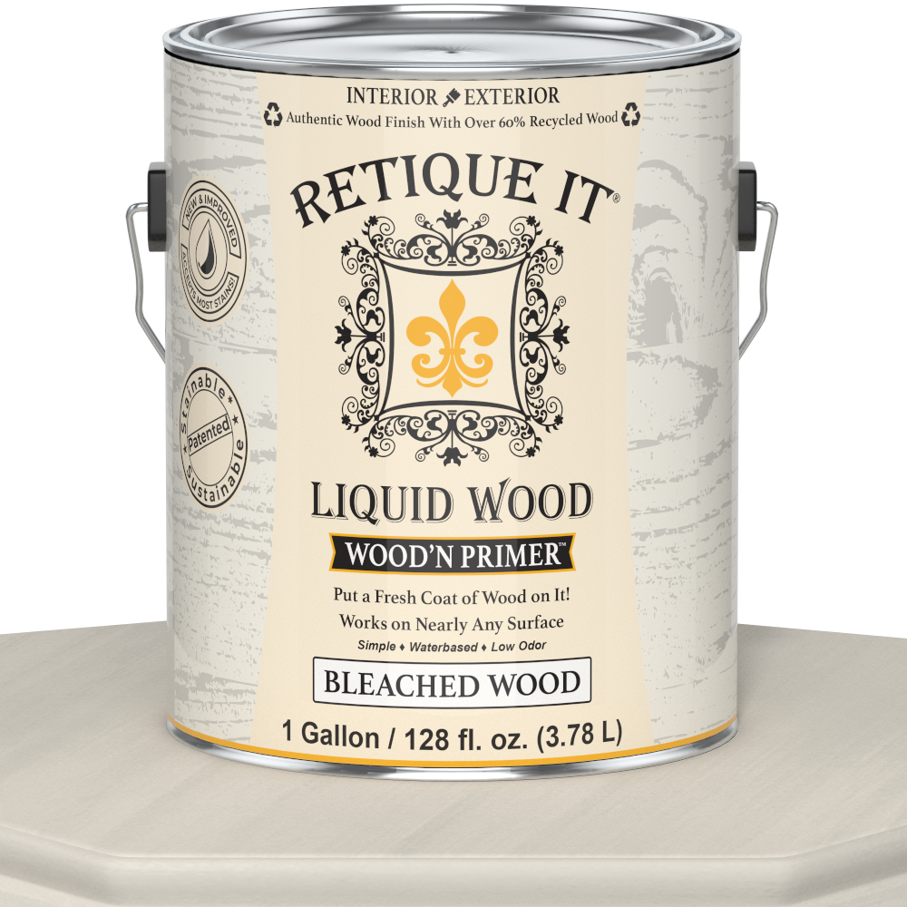 Retique It® Liquid Wood Wood'n Primer in Bleached Wood, 128 fl oz, showing the primer’s container and label.
