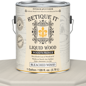Retique It® Liquid Wood Wood'n Primer in Bleached Wood, 128 fl oz, showing the primer’s container and label.