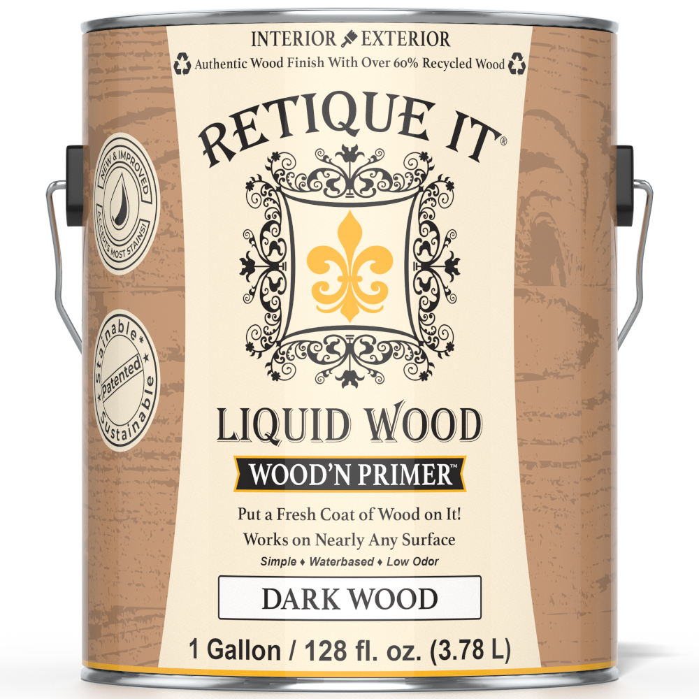 Retique It® Liquid Wood Wood'n Primer in dark wood finish, 128 fl oz, showing the primer container and dark wood texture.