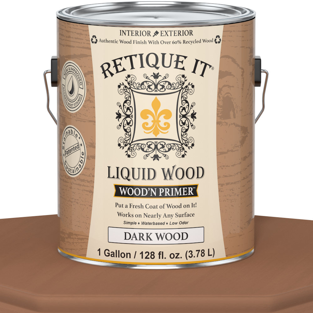 Dark wood Liquid Wood Wood'n Primer by Retique It® in 128 fl oz container, ready to prepare wood surfaces for staining or finishing.