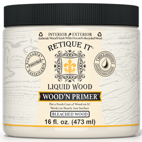 Retique It Liquid Wood Wood'n Primer in Bleached Wood finish, 16 fl oz, showing the primer applied on wood surface.
