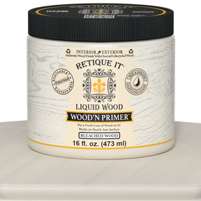 Retique It Liquid Wood Wood'n Primer in Bleached Wood, 16 fl oz, showing the primer's smooth, light-colored wood finish.