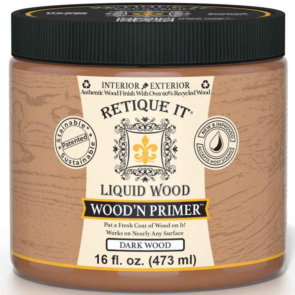 Dark wood liquid primer by Retique It in 16 oz bottle, designed for prepping surfaces with a natural wood appearance.