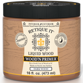 Dark wood liquid primer by Retique It in 16 oz bottle, designed for prepping surfaces with a natural wood appearance.