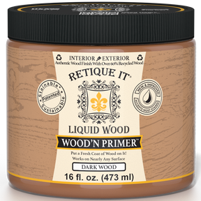 Dark wood liquid primer by Retique It in 16 oz bottle, designed for prepping surfaces with a natural wood appearance.