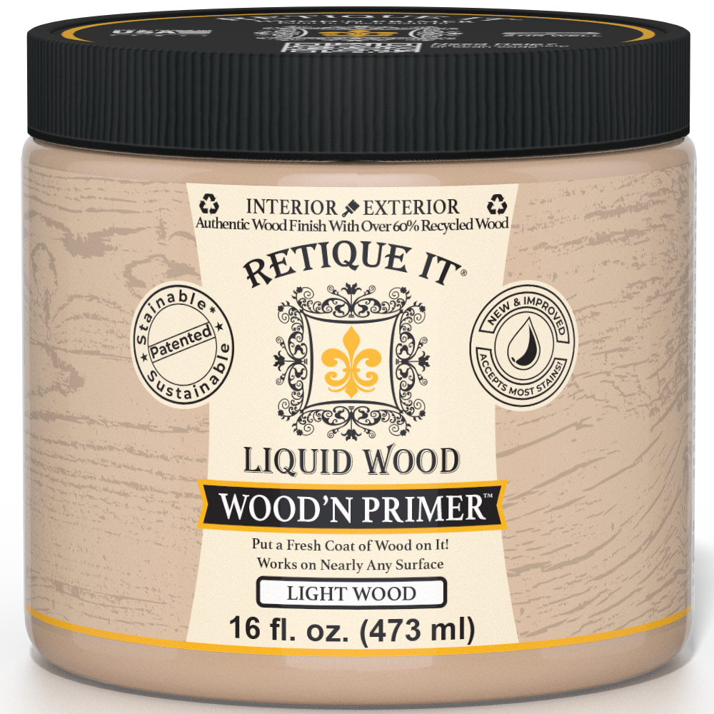 Retique It Liquid Wood Wood'n Primer for light wood, 16 fl oz, showing primer applied on a wooden surface for woodworking projects.
