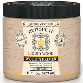 Retique It Liquid Wood Wood'n Primer for light wood, 16 fl oz, showing primer applied on a wooden surface for woodworking projects.