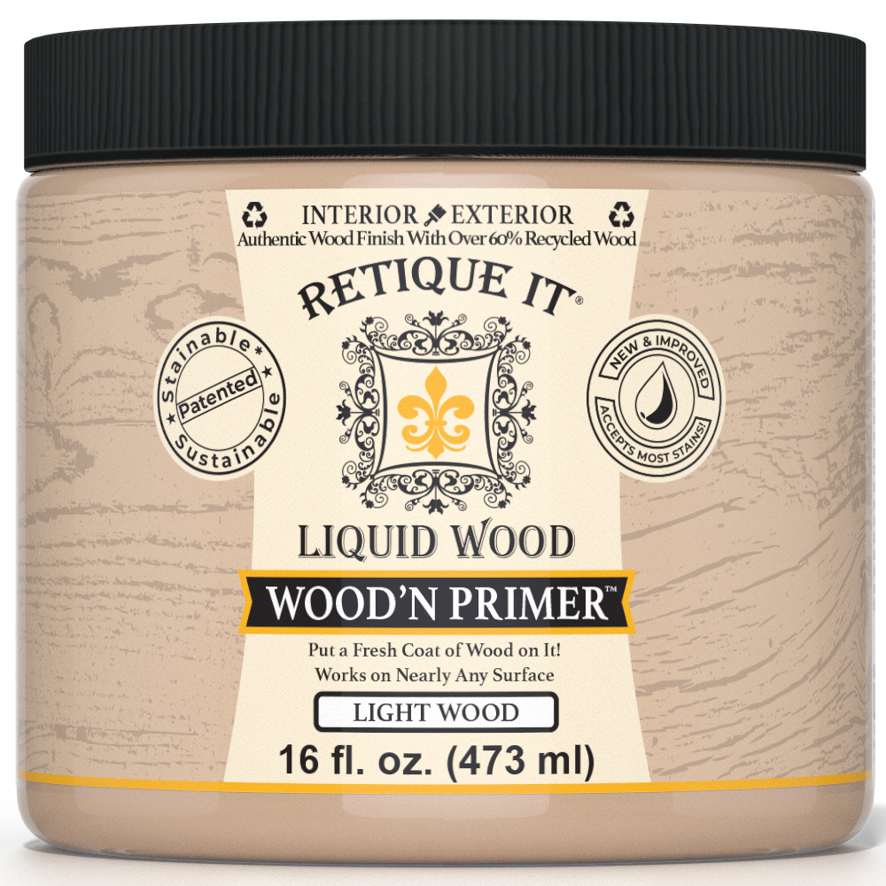Retique It® Liquid Wood Wood'n Primer in Light Wood, 16 fl oz, showing the primer applied to a wood surface.