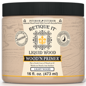 Retique It® Liquid Wood Wood'n Primer in Light Wood, 16 fl oz, showing the primer applied to a wood surface.