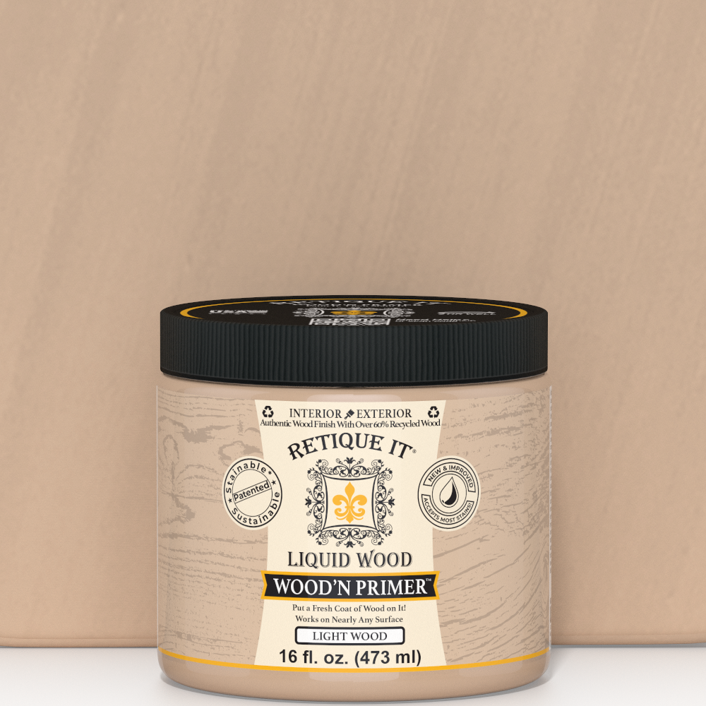 Light wood-colored Liquid Wood Wood'n Primer by Retique It® in 16 fl oz bottle, shown as a color swatch.