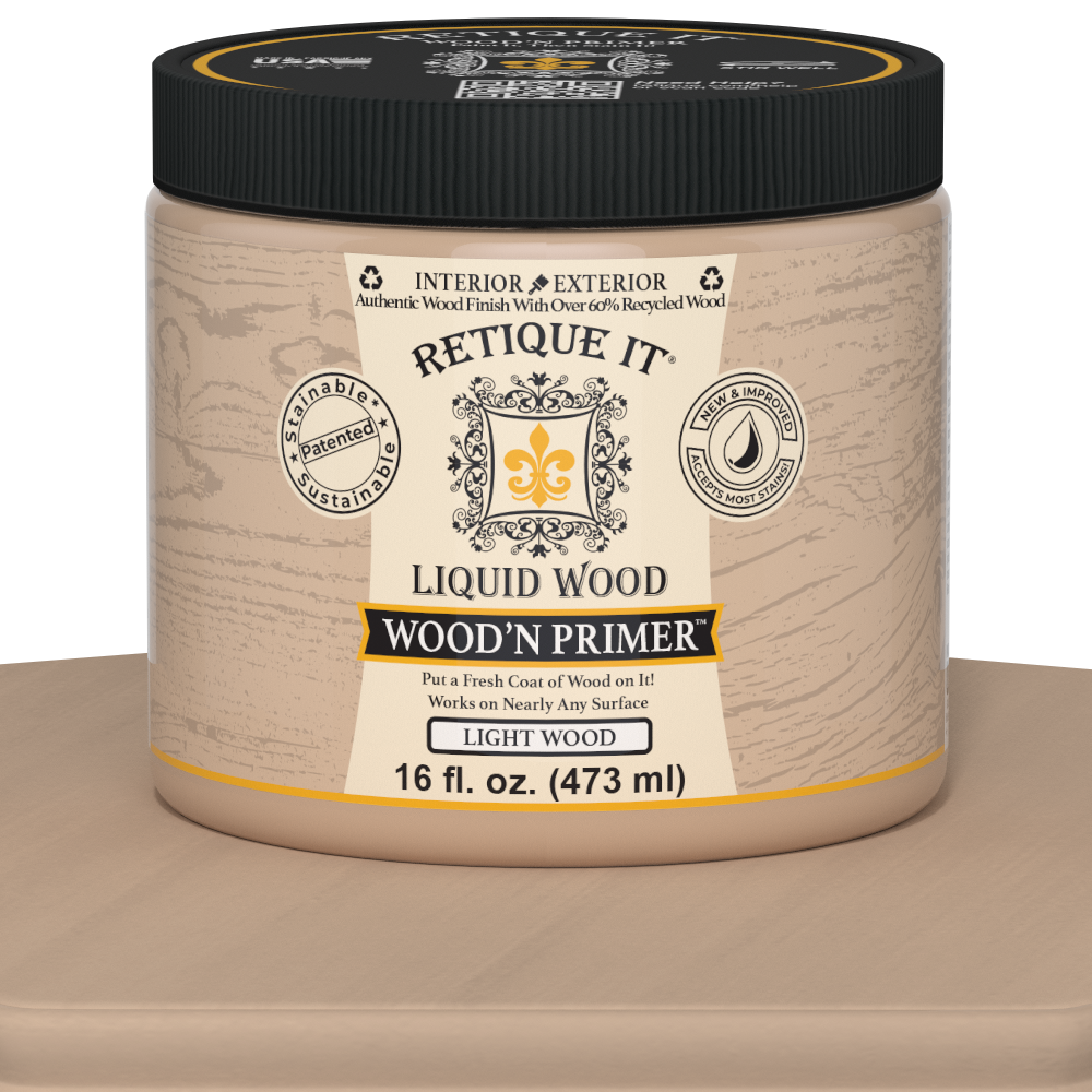 Retique It Liquid Wood Wood'n Primer in light wood finish, 16 fl oz, shown on a table for wood furniture prep and finishing.