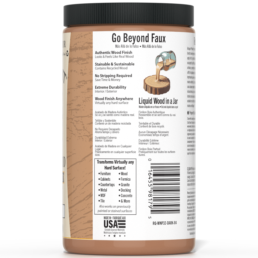 Liquid Wood Wood'n Primer in dark wood finish, 32 fl oz, by Retique It®, applied to a surface for wood refinishing.
