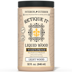 Retique It® Liquid Wood Wood'n Primer in Light Wood, 32 fl oz, showing the primer in a container with light wood finish on the label.