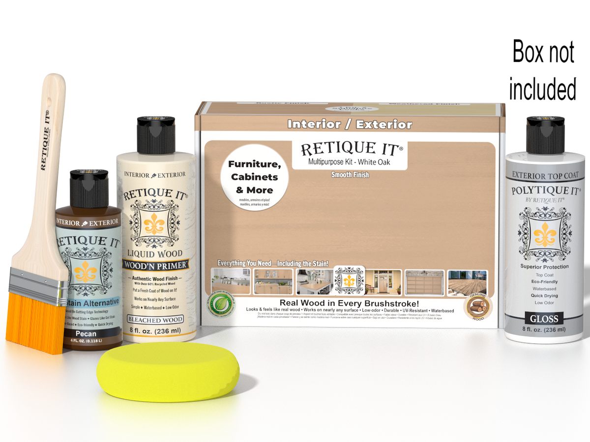 Retique It White Oak Multi-purpose Smooth Finish Kit for exterior wood with gloss top coat, includes application tools.