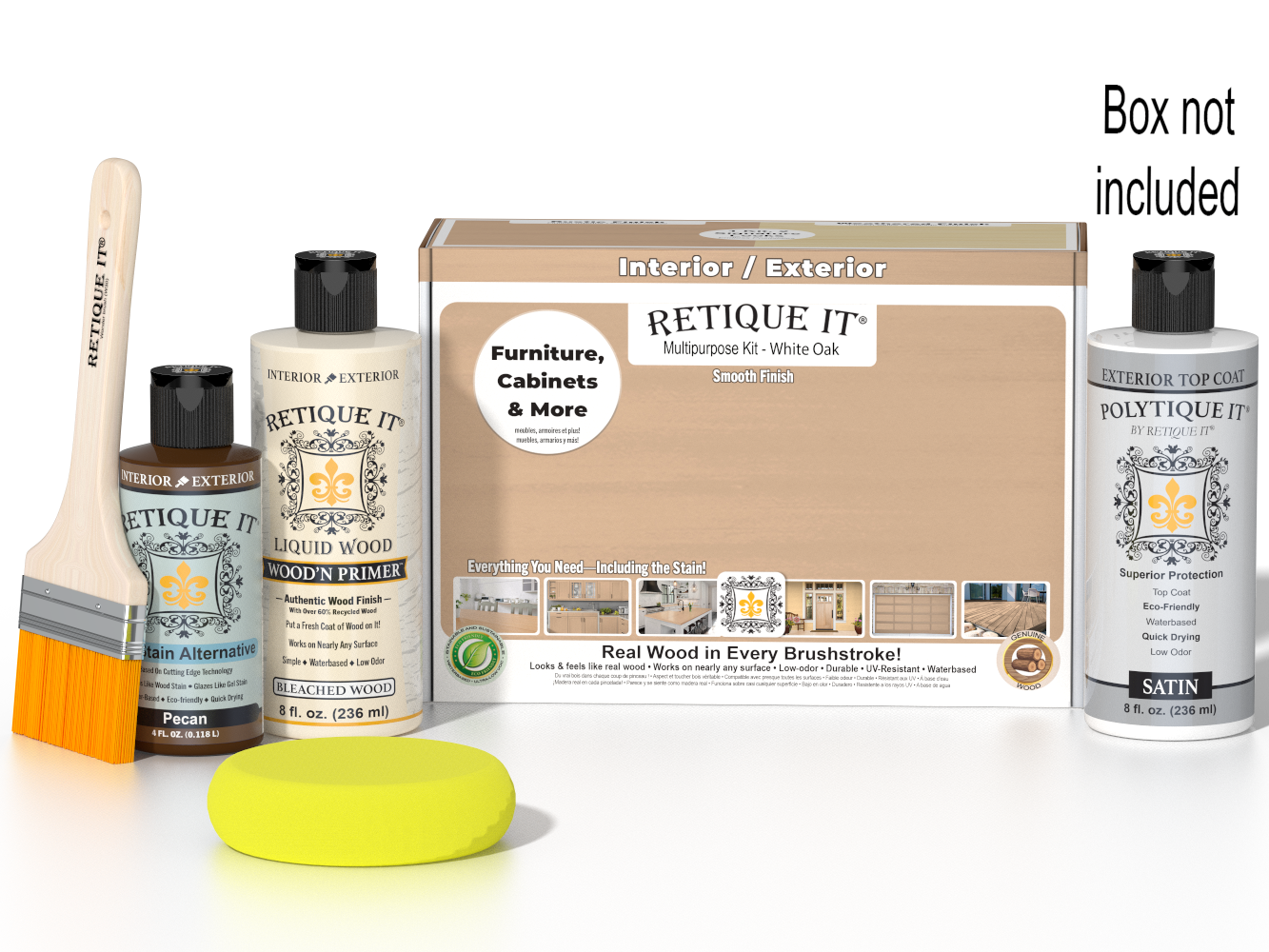 Retique It® White Oak multi-purpose exterior satin top coat wood finish kit with smooth finish and included applicator tools.