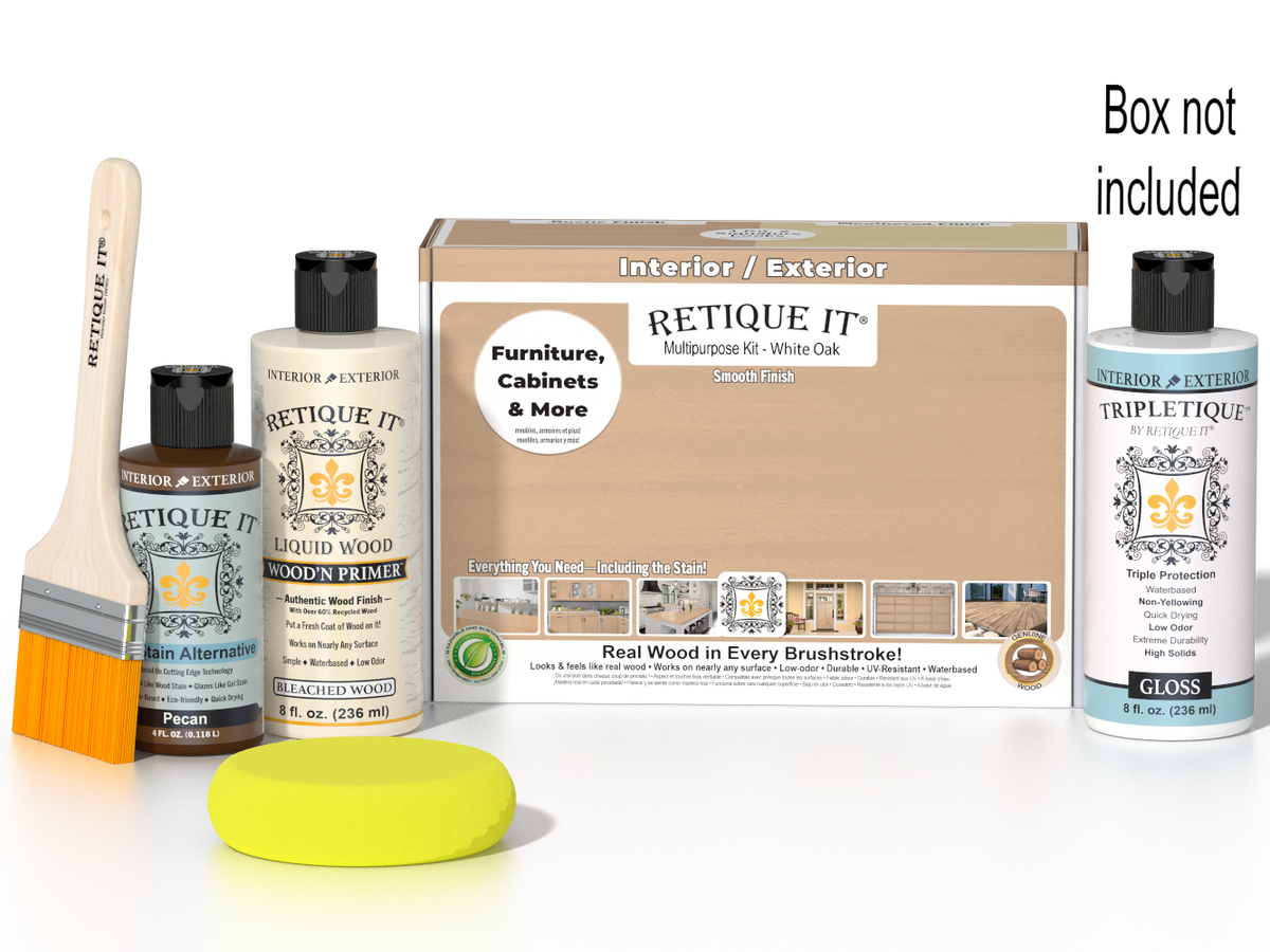 Retique It Multi-purpose Smooth Finish Kit in White Oak for interior wood top coat, includes application tools and finish samples.