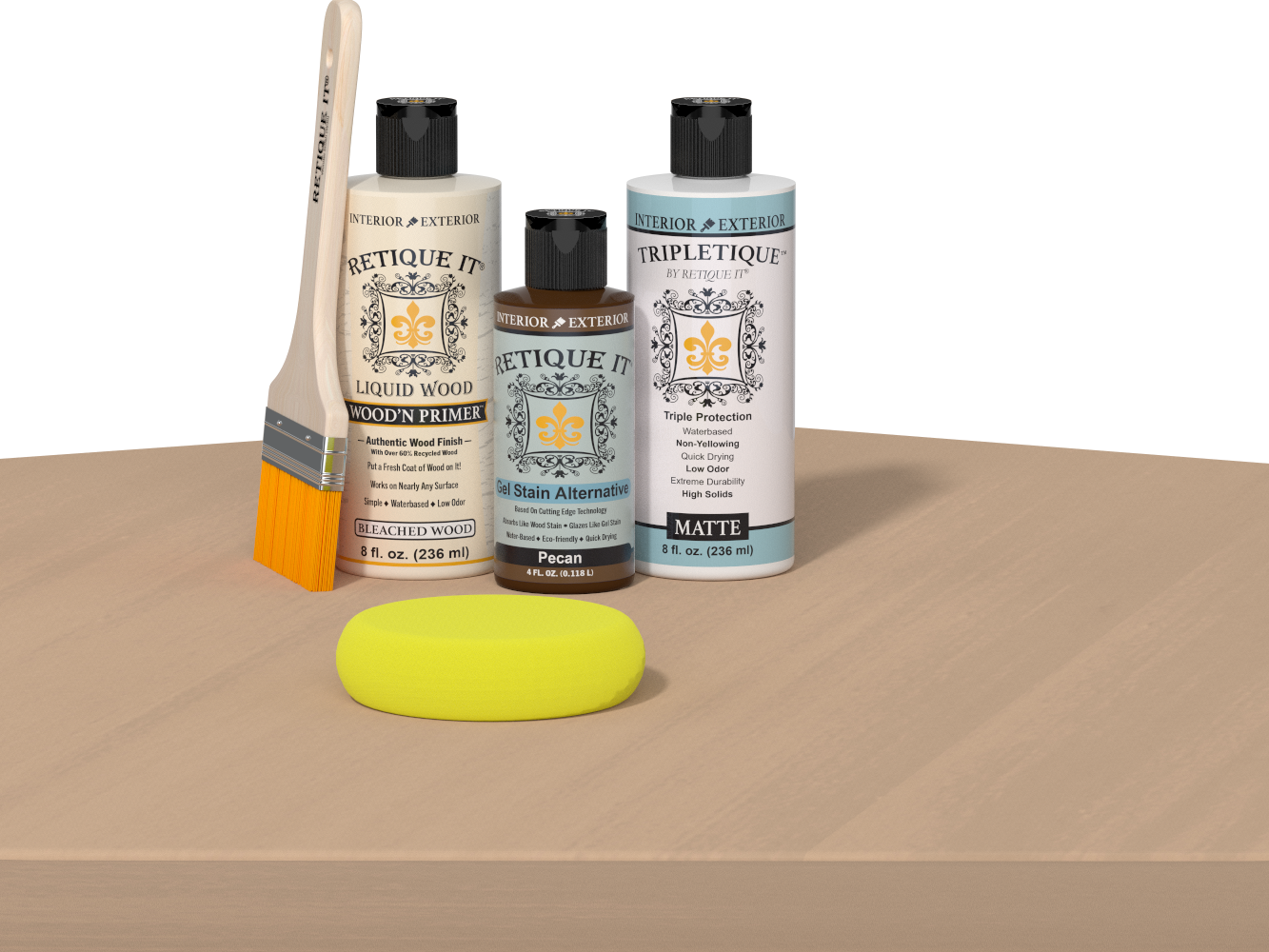 Retique It® White Oak Multi-purpose Smooth Finish Kit for interior wood projects, featuring top coat application tools.