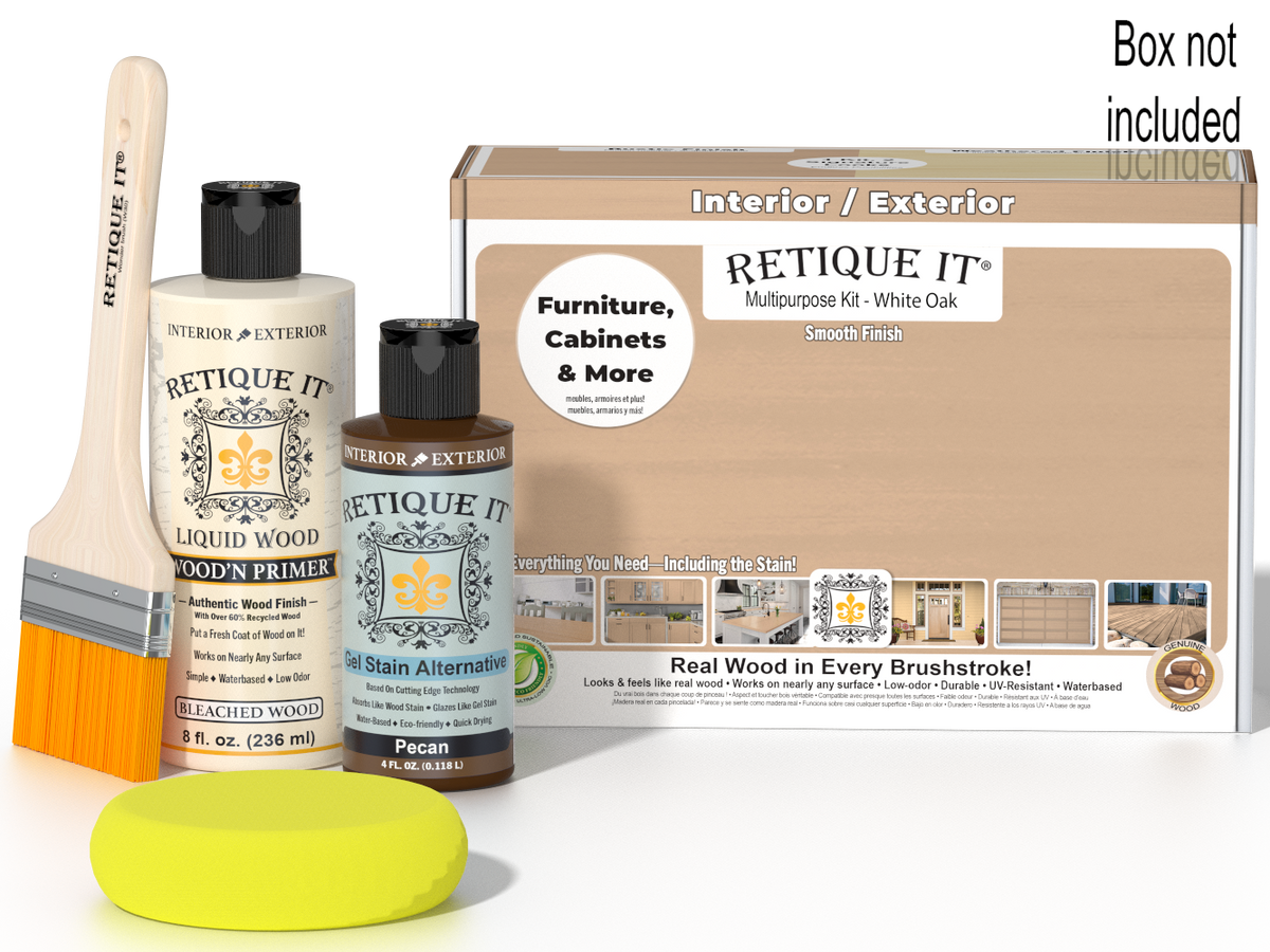 Retique It® Wood'n Finish Kit in White Oak with smooth finish, includes applicator tools for versatile wood finishing projects.