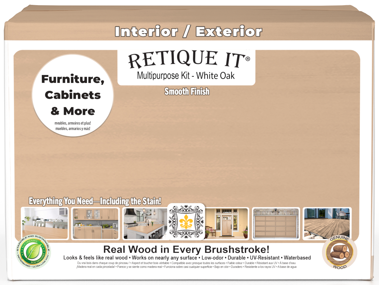 Retique It® Multi-purpose Smooth Finish Kit in White Oak, includes four large wood finish bottles, front view of the box.