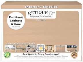 Retique It® Multi-purpose Smooth Finish Kit in White Oak, includes four large wood finish bottles, front view of the box.