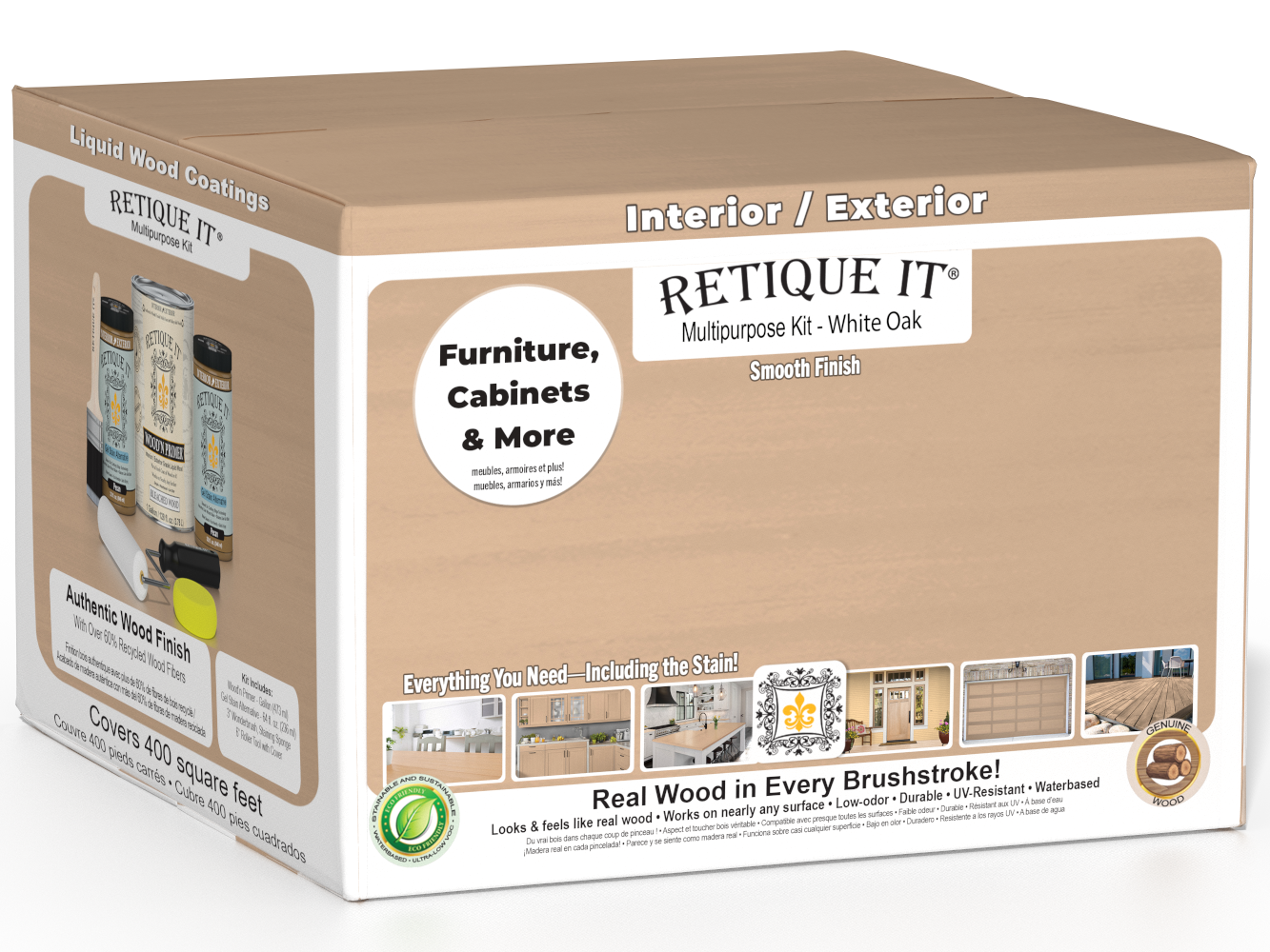 Retique It® White Oak Multi-purpose Smooth Finish Kit with four large exterior top coat containers in matte finish, ideal for wood surfaces.