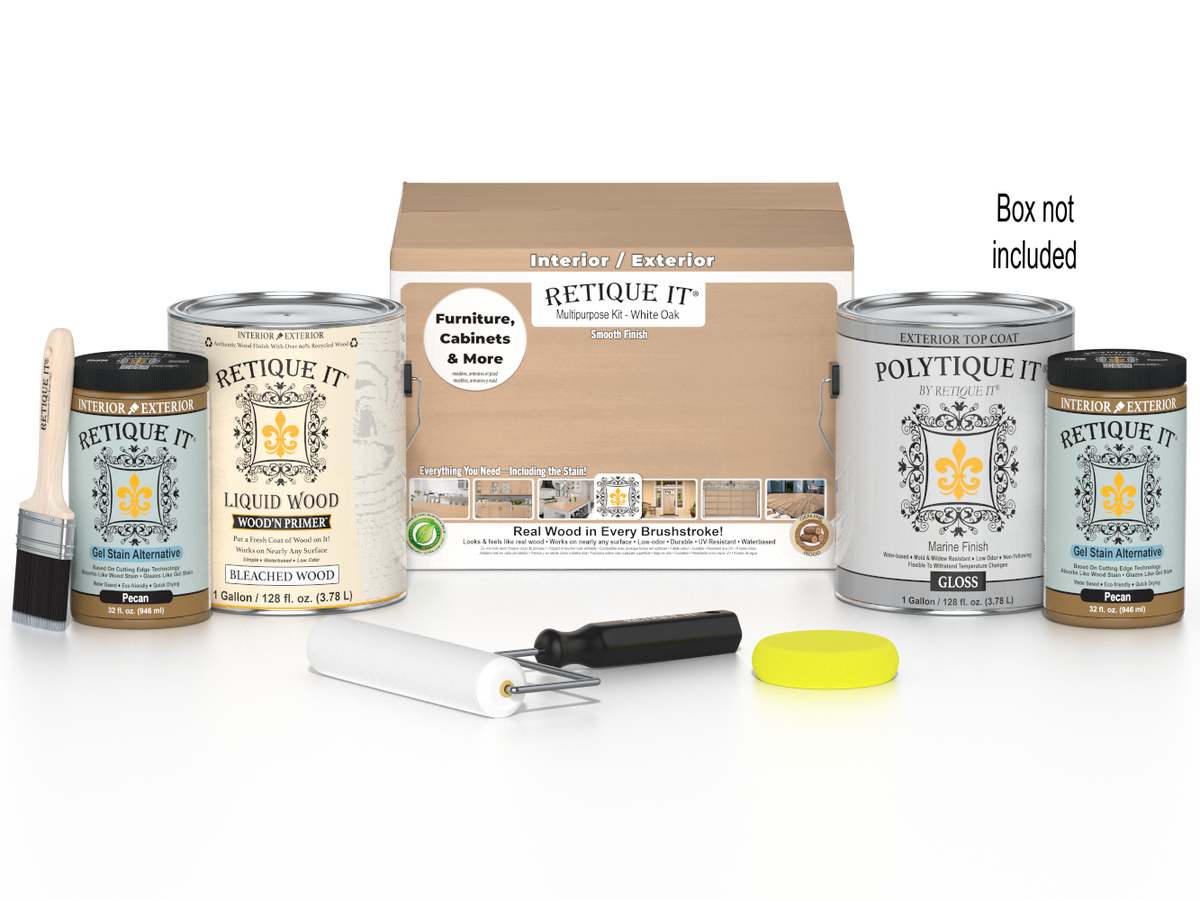 Retique It White Oak Multi-purpose Smooth Finish Kit with four large exterior top coat bottles for wood finishing.