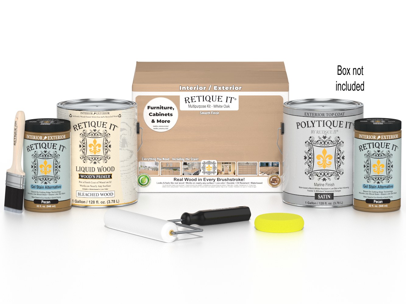 Retique It® White Oak exterior top coat wood finish kit with four large containers, smooth finish for wood surfaces.