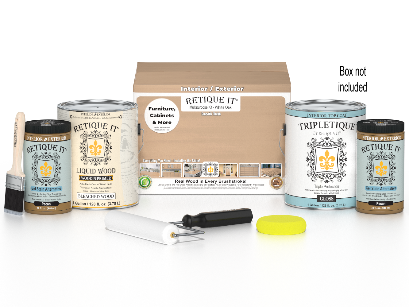 Retique It® Multi-purpose Smooth Finish Kit in White Oak for interior top coat with glossy finish, includes four large wood finish bottles.