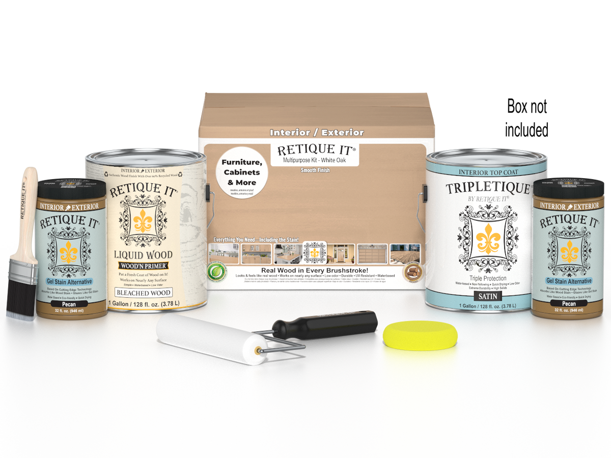 Retique It Multi-purpose Smooth Finish Kit in White Oak with satin interior top coat, includes four large wood finish bottles and applicator tools.
