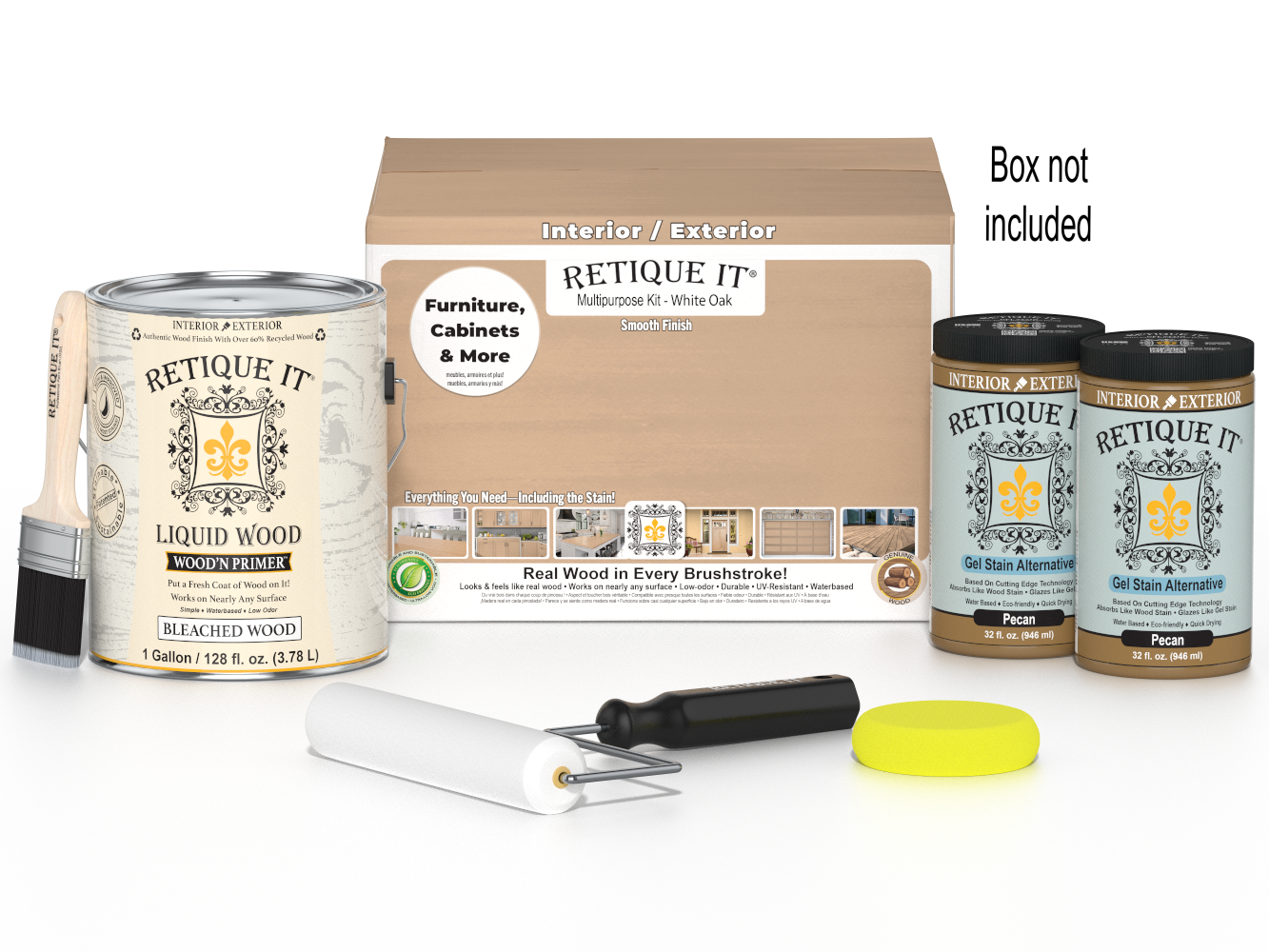 Retique It® White Oak multi-purpose wood finish kit with four large containers, featuring smooth, natural wood surface.