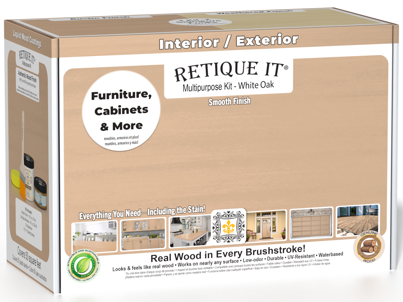 Retique It® White Oak Multi-purpose Smooth Finish Kit (Med) with exterior top coat in a box, featuring wood finish and matte surface.