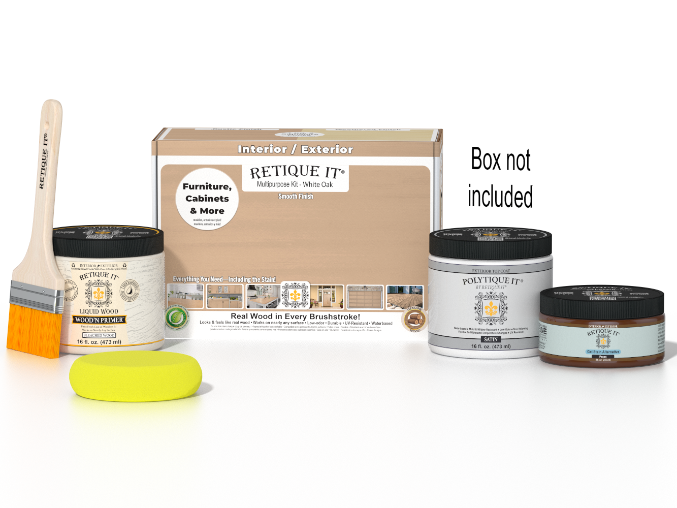 Retique It® White Oak Multi-purpose Smooth Finish Kit for exterior wood, includes top coat in matte finish, wood finishing supplies.