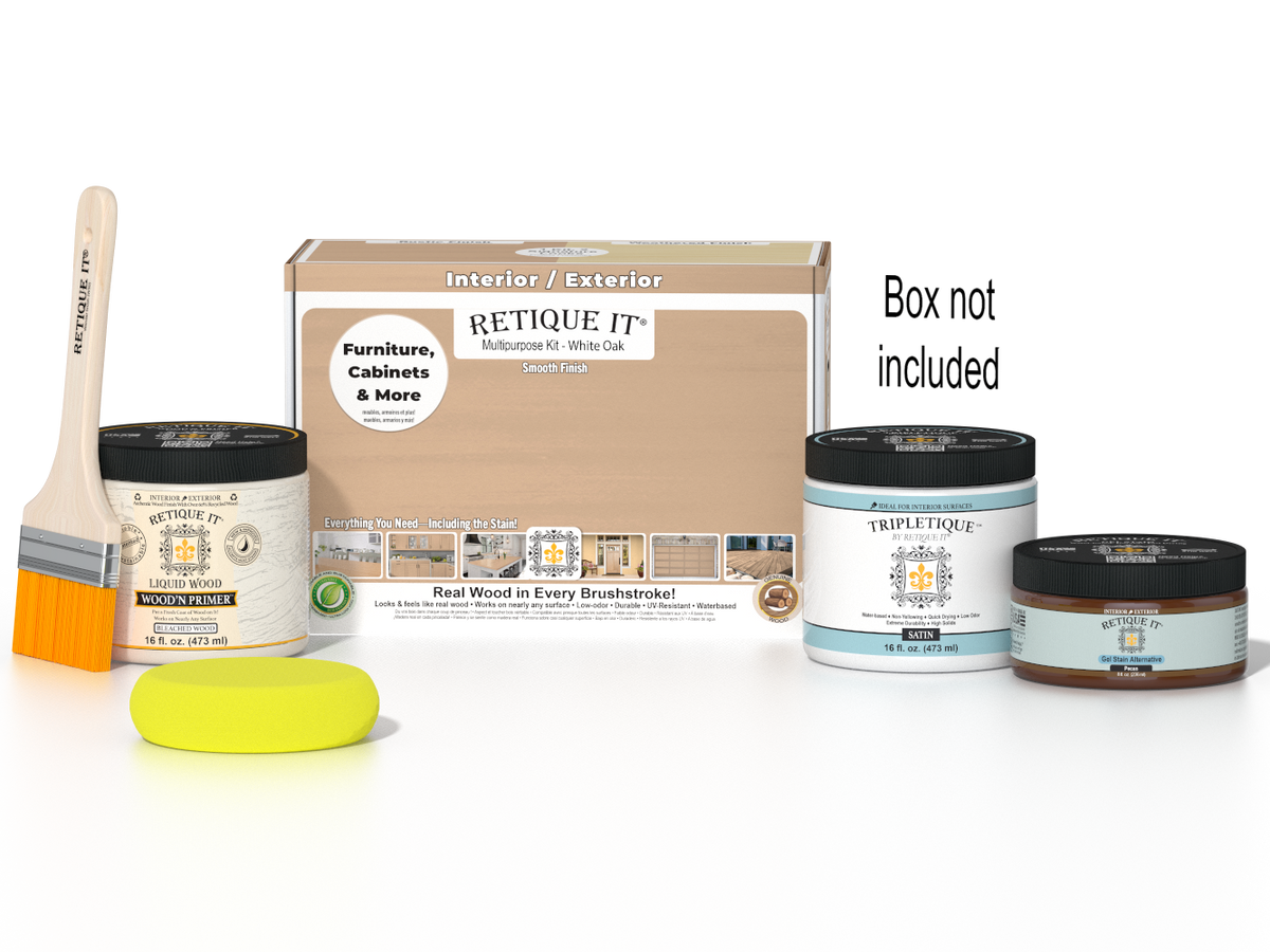 Retique It Wood'n Finish Kit in White Oak for interior top coat, featuring smooth finish and multi-purpose wood finishing tools.