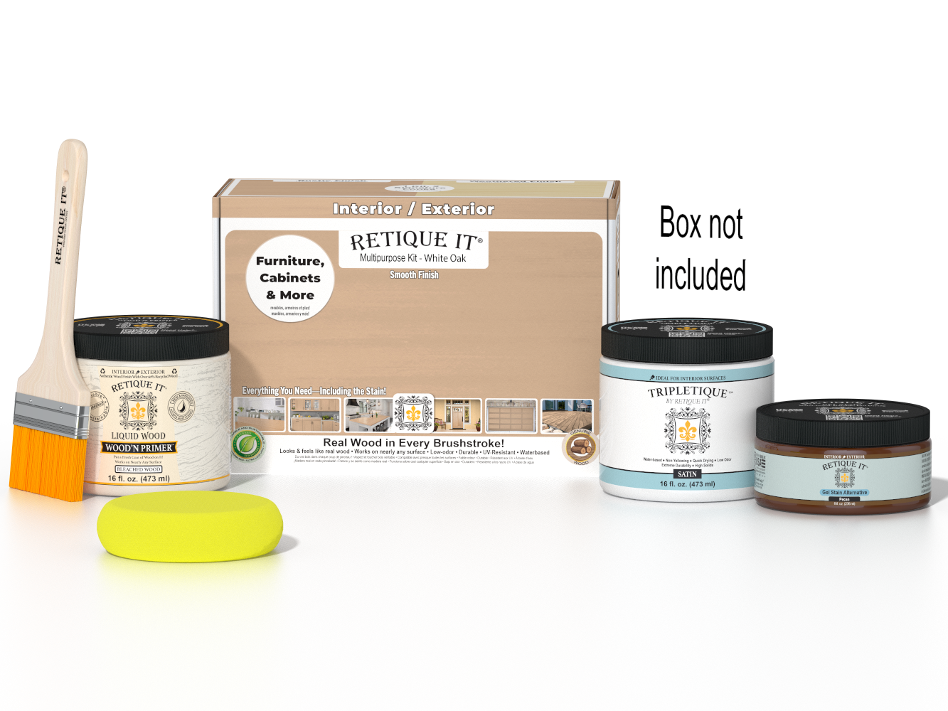 Retique It® Wood'n Finish Kit in White Oak for interior top coat, featuring smooth finish and multi-purpose wood finishing tools.