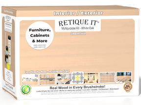 Large white oak wood finish kit by Retique It® with smooth finish, includes various wood treatment tools in a compact box.