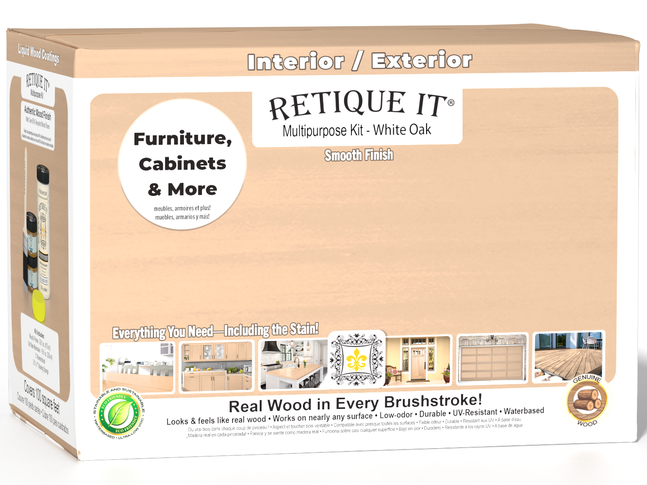 Retique It® Wood'n Finish Kit in large white oak satin exterior top coat with smooth finish, designed for wood surfaces.
