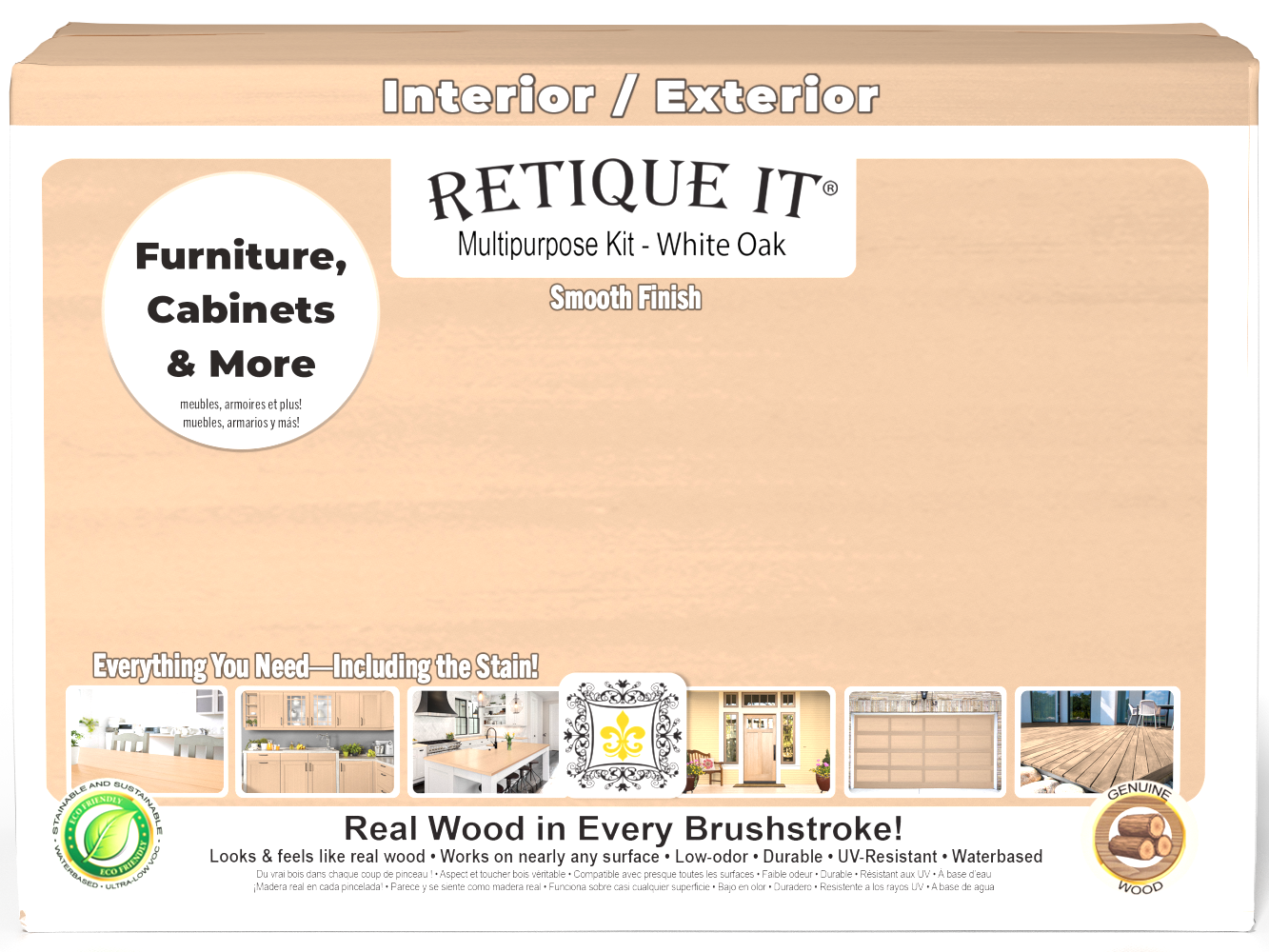 Large white oak wood finish kit from Retique It® with smooth finish, includes tools and supplies for woodworking projects.