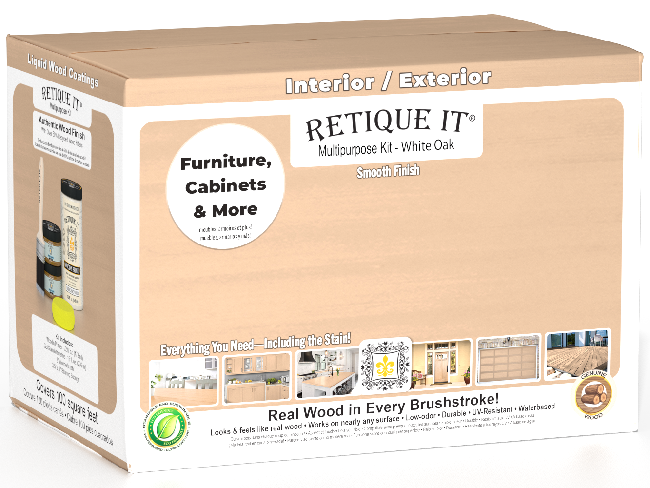 Large white oak wood finish kit by Retique It® with interior top coat in a smooth matte finish, perfect for multi-purpose wood projects.