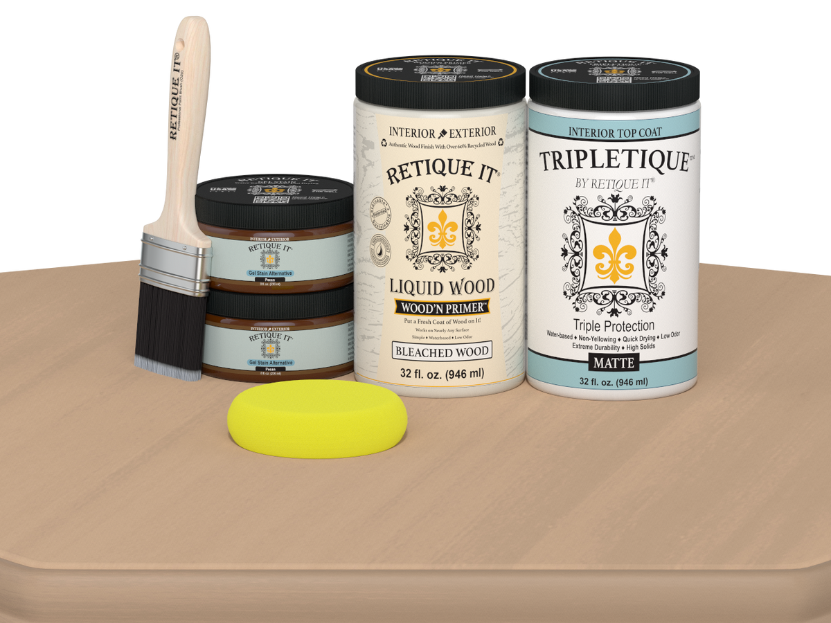 Large White Oak wood finish kit by Retique It® for interior top coat, featuring smooth, matte finish on wood surface.