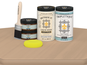 Large White Oak wood finish kit by Retique It® for interior top coat, featuring smooth, matte finish on wood surface.