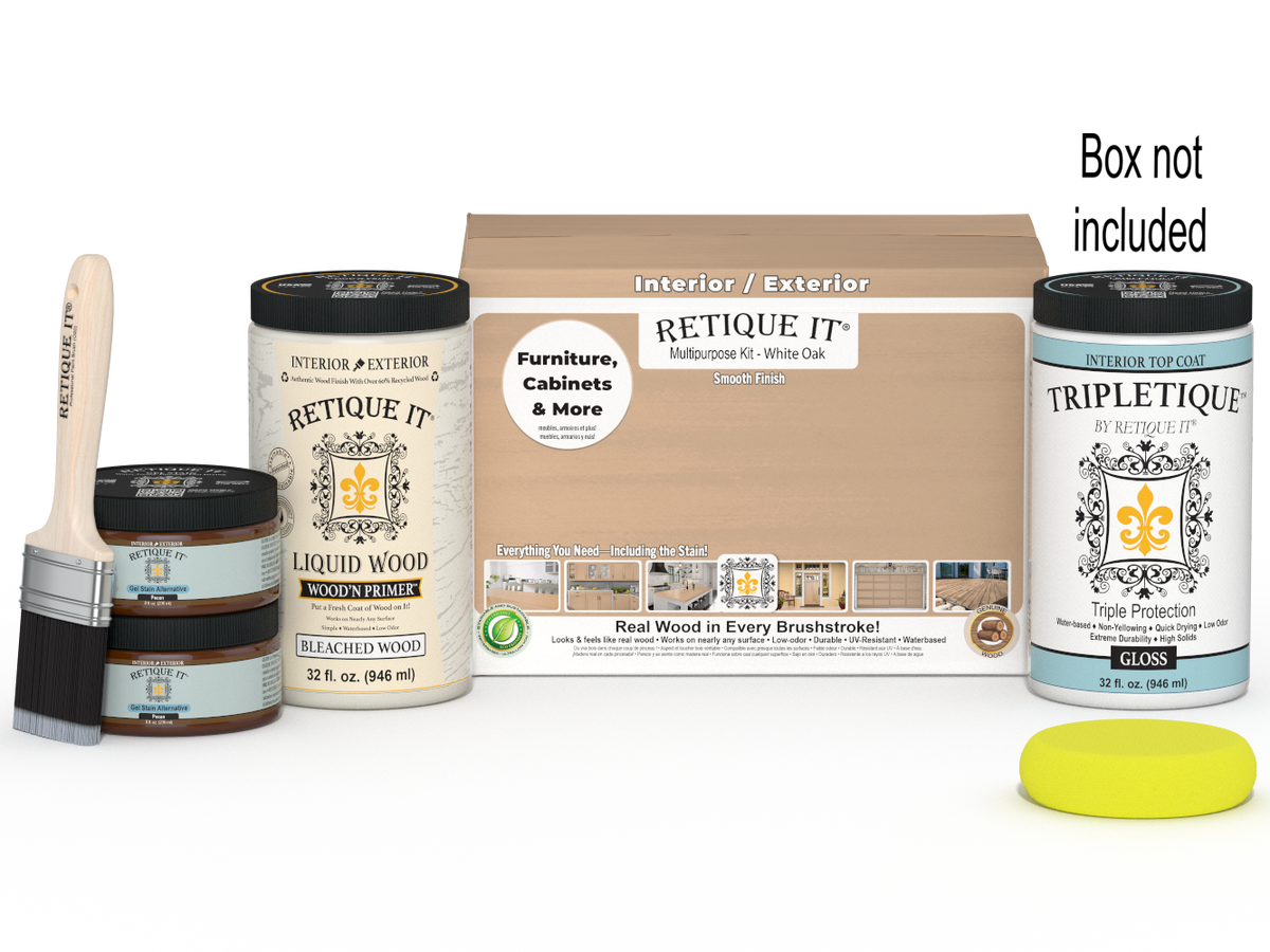 Large white oak wood finish kit by Retique It with gloss top coat, ideal for interior wood projects and smooth finishing.