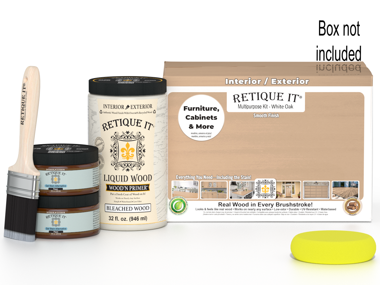Large white oak wood finish kit by Retique It® with smooth application, includes multiple tools for multi-purpose wood finishing.